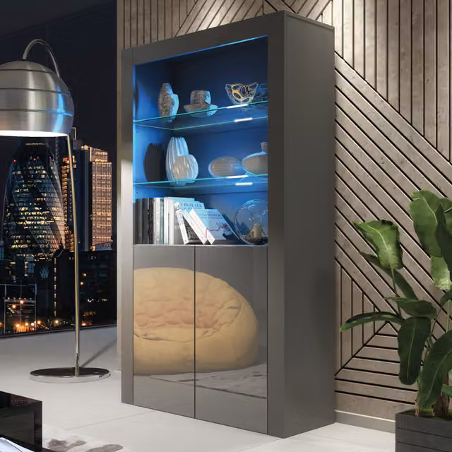 Spectrum Modern Display Cabinet in Matt Grey with Glass Doors and Integrated LED Lighting, H 170 x W 100 x D 35 cm