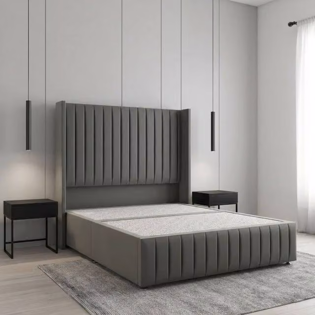 Regional Furnishings Luxury Single Divan Bed with 54 inch Plush Headboard and Footboard in Grey Velvet Fabric, W/D/H: 90 x 190 cm