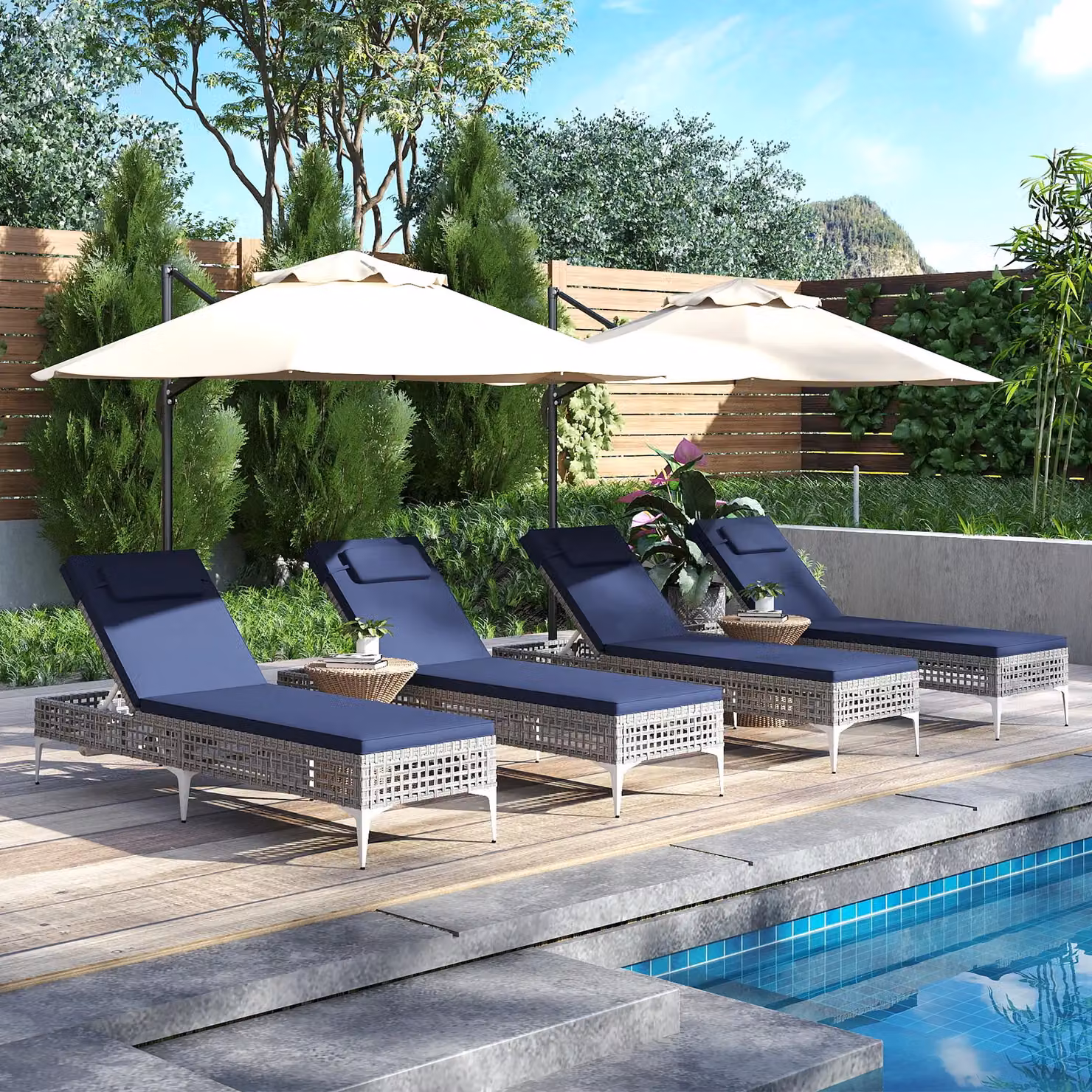 Costway Navy Blue Rattan Sun Lounger with 6-Level Adjustable Headrest – 5