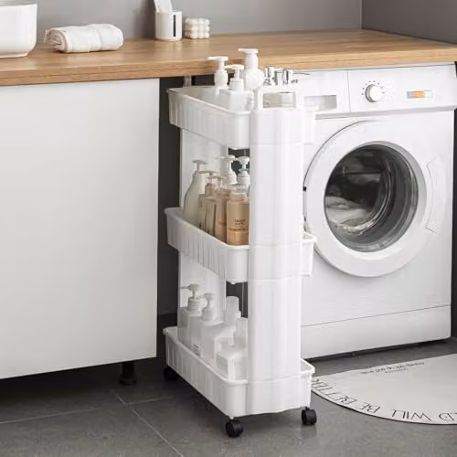 Simpa 3 Tier Slim Rolling Storage Tower Unit in White Plastic, H 88 x W 45 x D 25 cm – 3