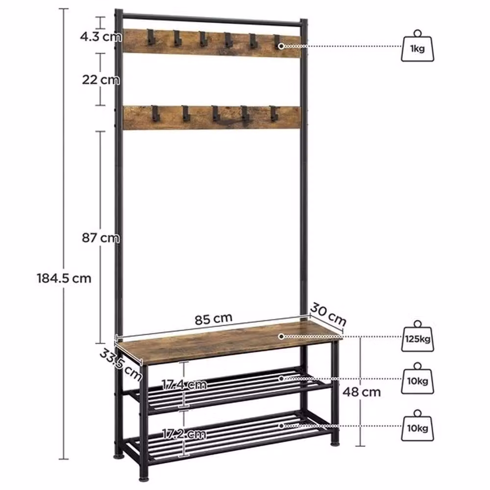 KORVIXA Industrial Hall Tree with Bench and Shoe Storage in Black, H 184 cm x W 100 cm x D 100 cm – 2