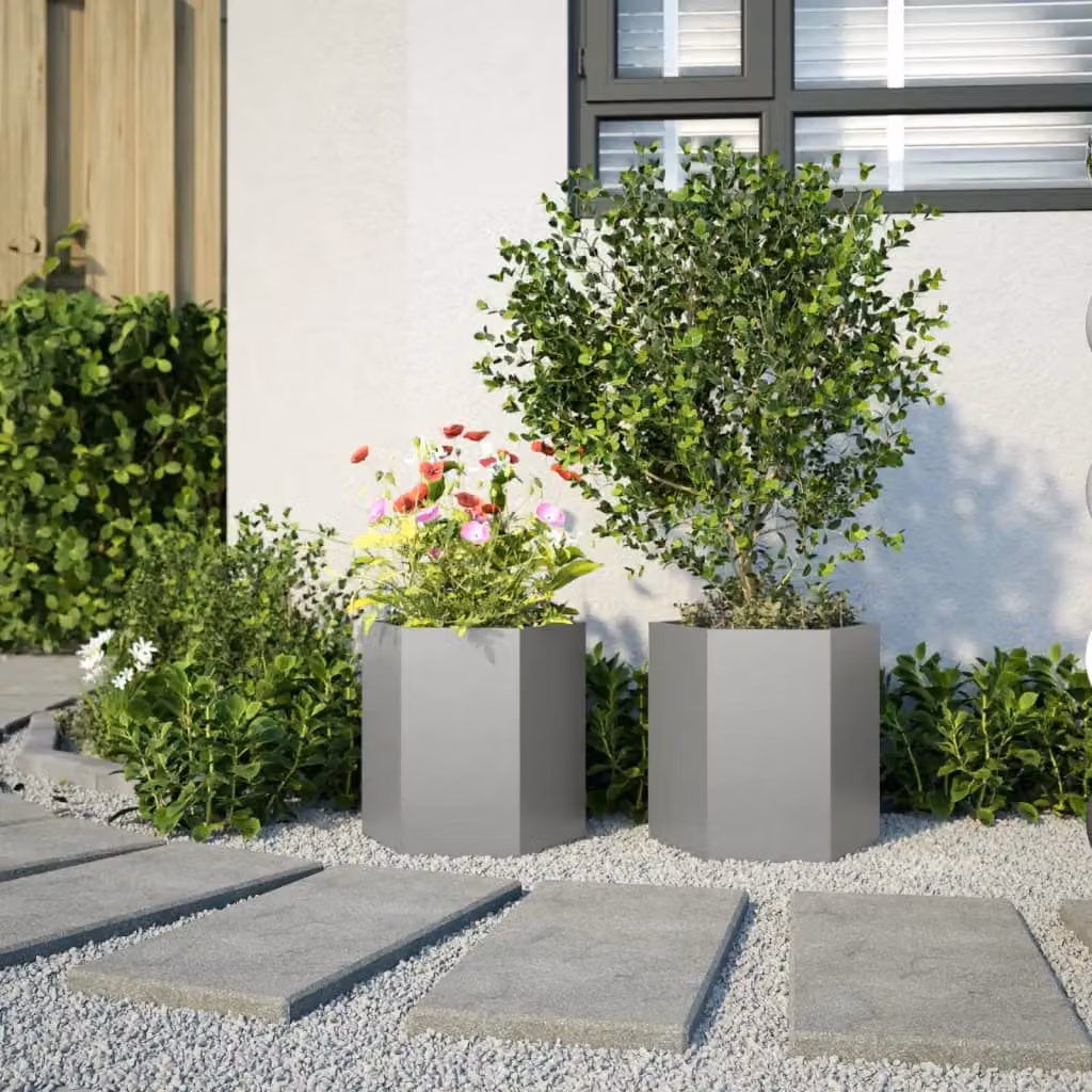Berkfield Hexagon Stainless Steel Garden Planter Tub, 2 Pieces, Silver and Grey, W: 46 cm, D: 40 cm, H: 45 cm – 3