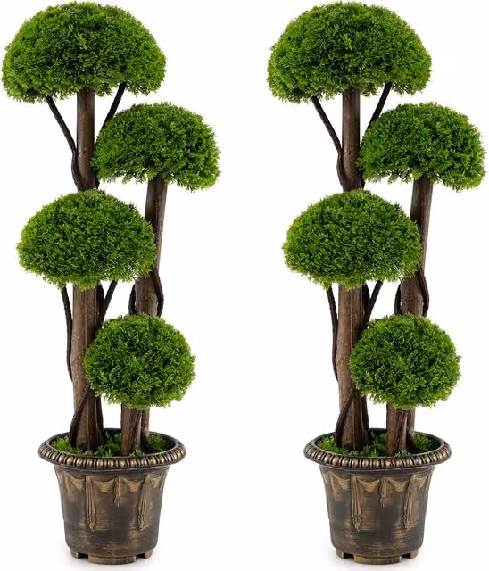 COSTWAY Artificial Green Cypress Tree in a Retro Round Concrete Pot, Height: 90 cm
