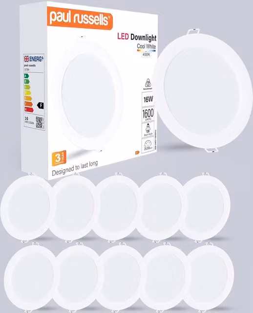 Paul Russells 16W Round Recessed LED Downlight, 1600lm, 4000K Cool White, IP20, White