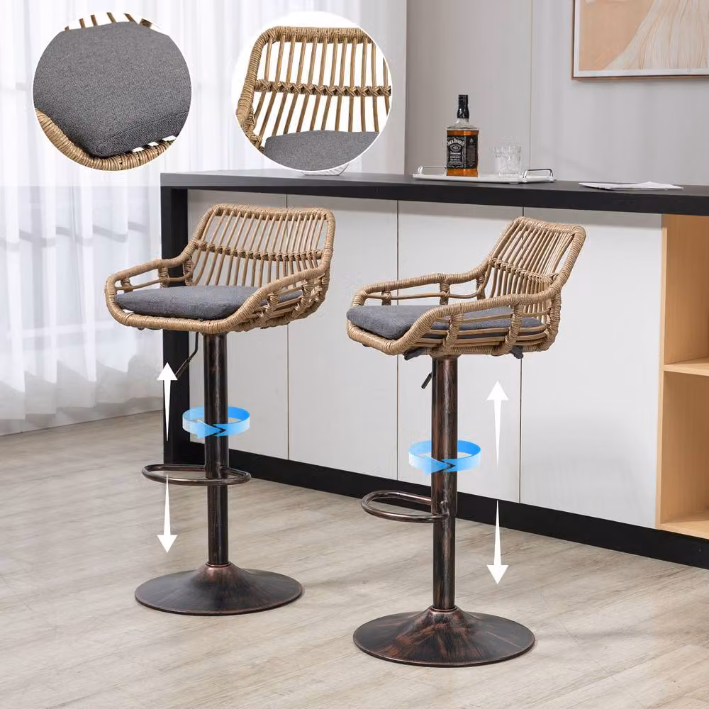 Direct Wicker Set of 2 Modern Grey Swivel Bar Stools with Armrests and Height Adjustment – 3