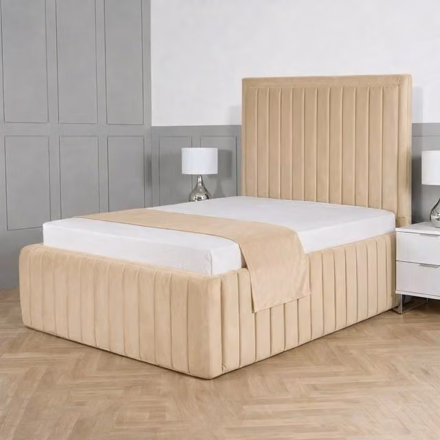 Living Comfort Bedz Saint Germain Beige Velvet Upholstered Gas Lift Storage Bed with 48 Inch Headboard, Size: King (180 x 200 cm)