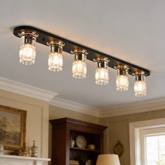 NIVOR 6 Light Crystal Linear Flush Mount Ceiling Chandelier in Black with Transparent Crystal and E27 Fittings, W: 120 cm