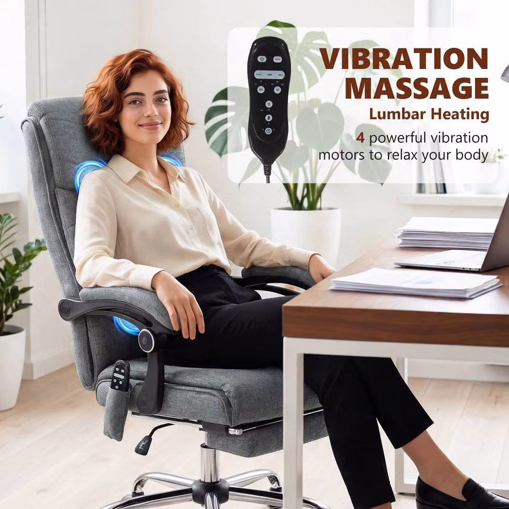 STILVORA Grey Fabric Heated Massage Executive Office Chair with Footrest and Headrest – 4