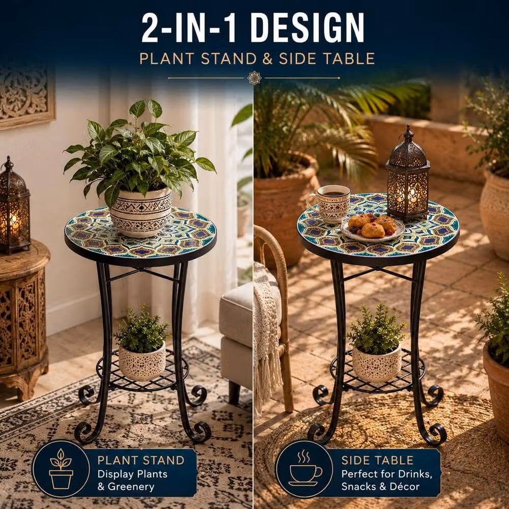 Shatchi Casablanca Mosaic Plant Stand Side Table with Multicolour Ceramic Tile Top and Powder Coated Steel Frame, Diameter: 35 cm – 2