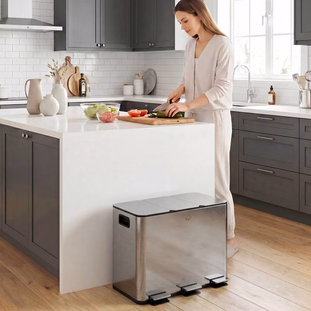 STILVORA Triple 20L Pedal Bin in Silver Stainless Steel with Soft Close Lid and Odour Filter – 8