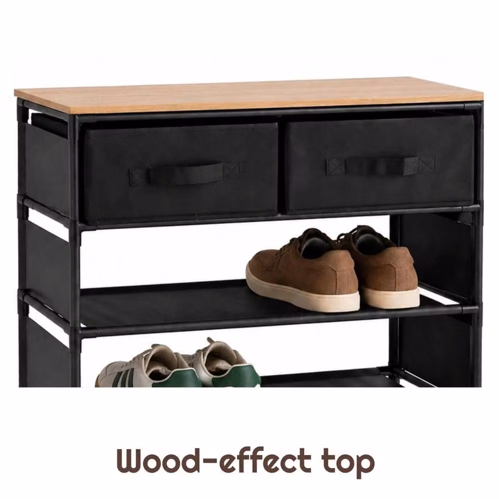 FORGEVIO 3 Tier Shoe Rack with 2 Drawers and Wooden Top, Black and Multicolour, W: 60.0 cm, D: 26.0 cm, H: 72.0 cm – 3