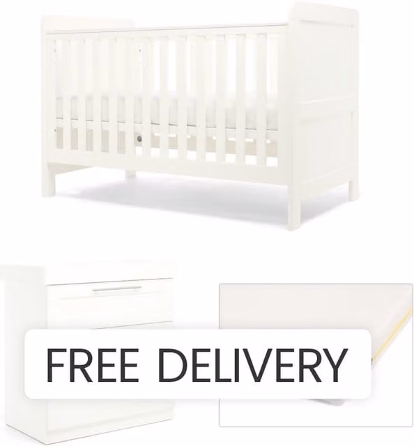 Mamas & Papas Hampden Nursery Furniture Set and Essential Airflow Fibre Cotbed Mattress in White