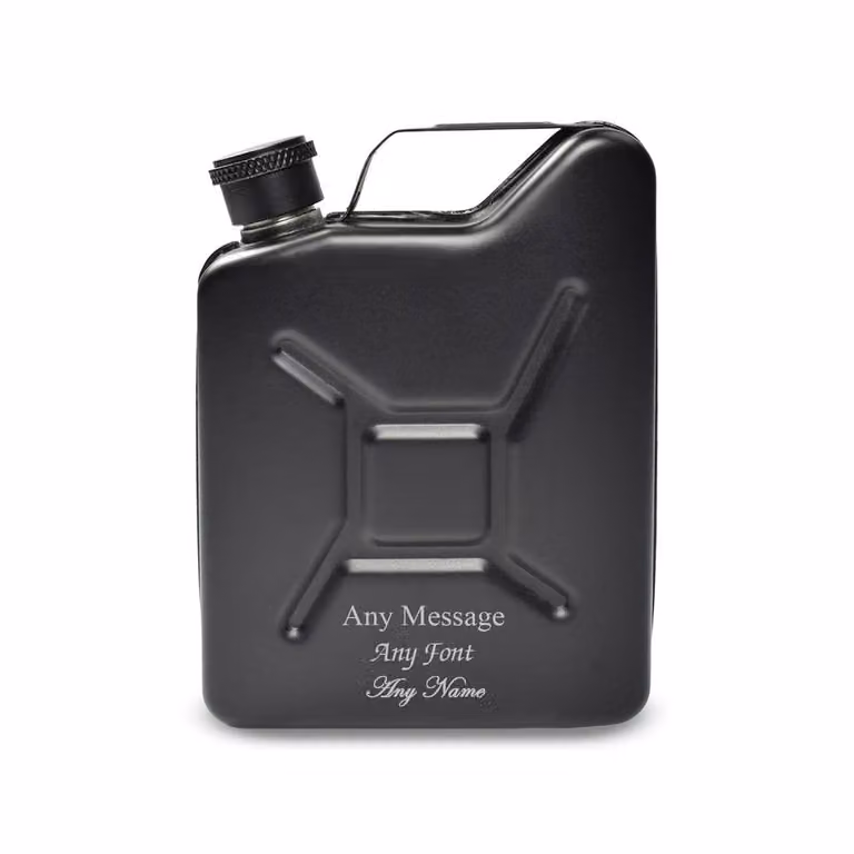 Uniqueful Personalised Engraved Black Jerry Can Hip Flask Stainless Steel Tumbler, 125 ml