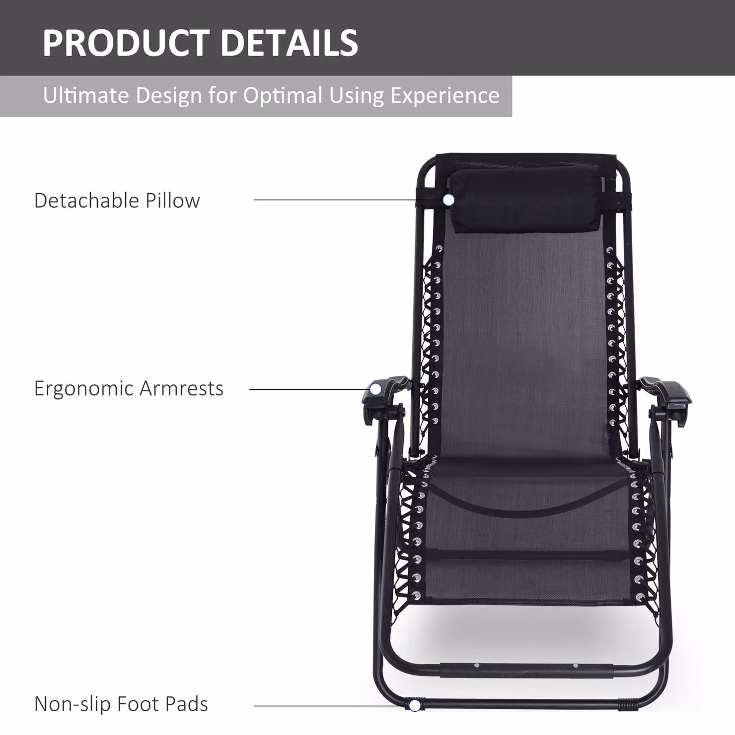 Outsunny Zero Gravity Reclining Sun Lounger with Adjustable Headrest and Armrests, Black – 7