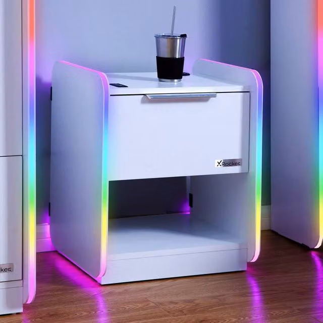 X Rocker Electra White Bedside Table with Drawer, RGB LED Lights and Wireless Charging, W/D/H: 45 x 40 x 55.5 cm