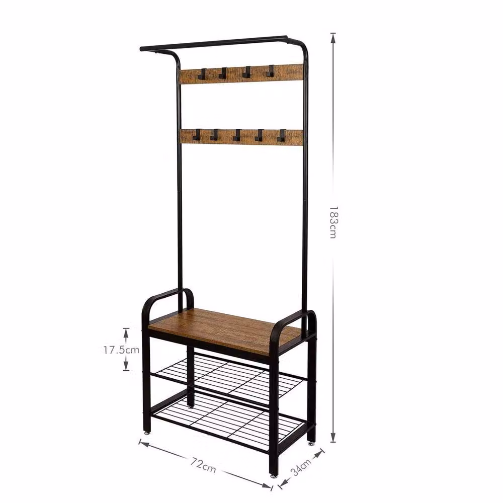 EONLION Industrial Style Hall Tree with Shoe Bench and 9 Removable Hooks, Brown – 2