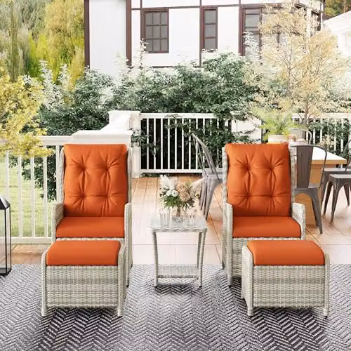Outsunny 4 Piece Rattan Garden Furniture Set with Lounge Armchair, Ottoman, Coffee Table and Upholstered Cushions in Orange – 6