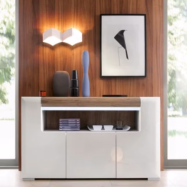 Jonas & James Laos Three Door Sideboard with Open Shelving in White Gloss and Oak