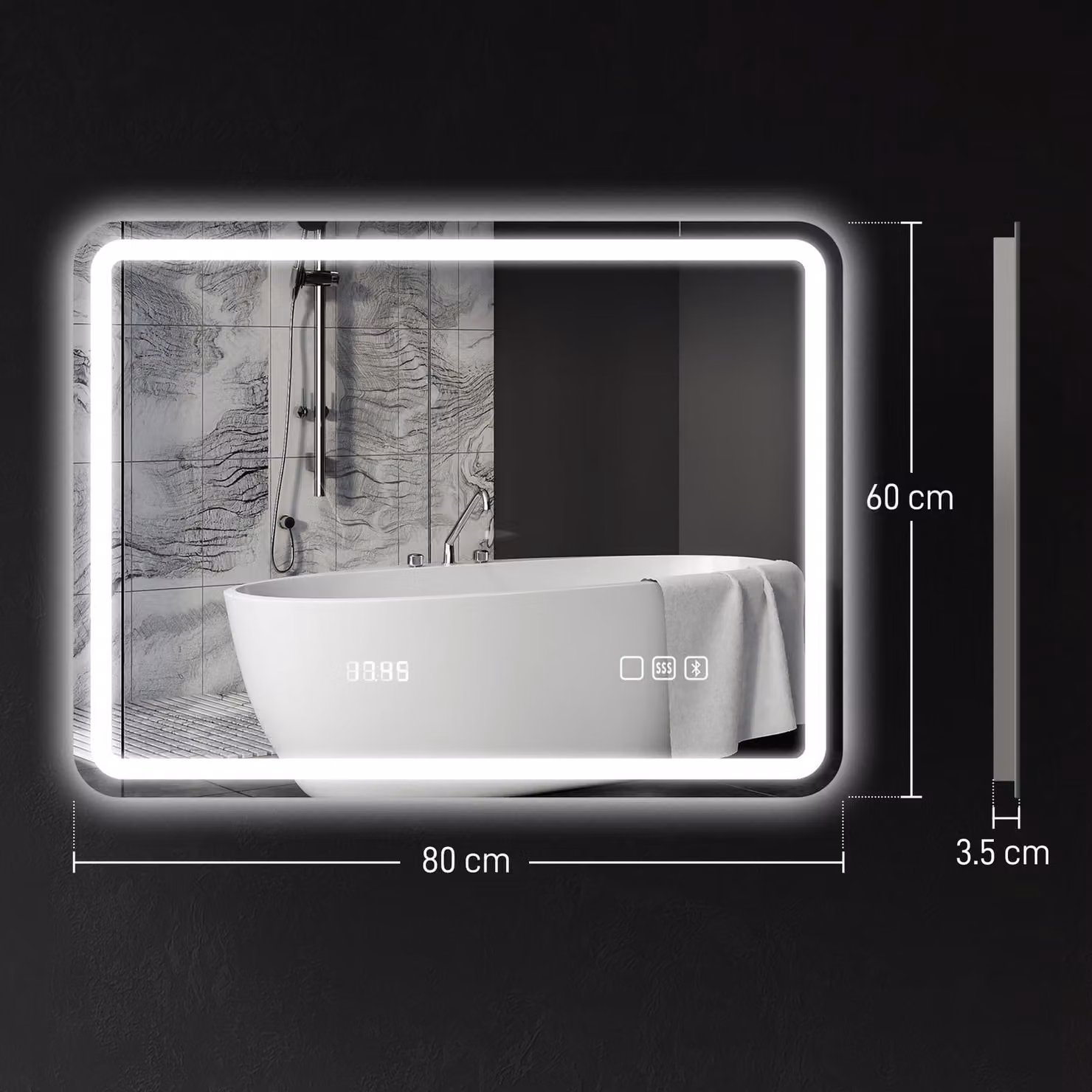HOMCOM Bluetooth LED Bathroom Mirror with Clock and Anti-Fog Function, Silver Tone, W: 60 cm, H: 80 cm – 3