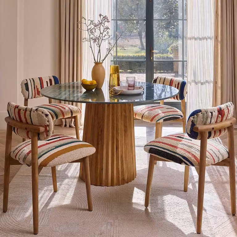 Atkin and Thyme Westbourne Green Marble Round Dining Table and 4 Layla Striped Dining Chairs Set