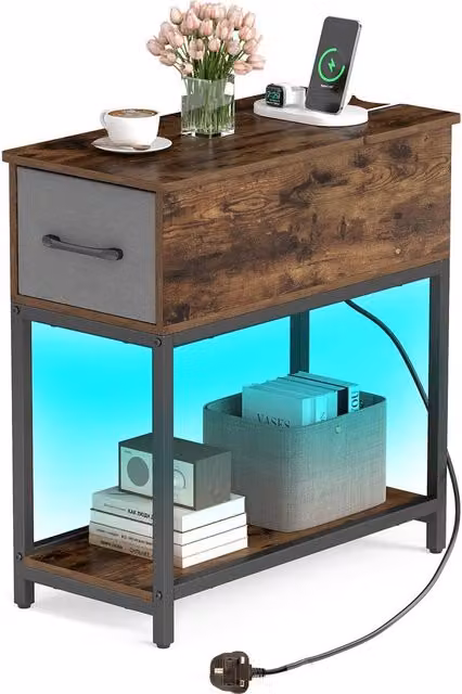 Costway Industrial Narrow Side Table with Charging Station and Drawer in Brown
