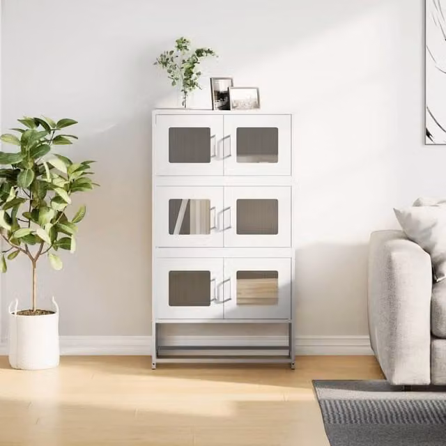 Berkfield Home White Steel Highboard with Glass Doors, W/D/H: 68 x 39 x 123 cm