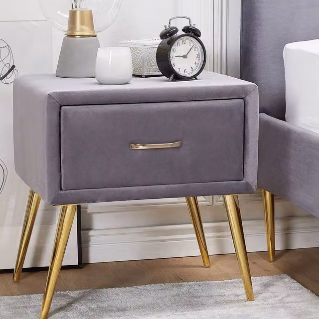 Wyld and Coco Grey Velvet Bedside Table with 1 Drawer and Gold-Toned Metal Legs