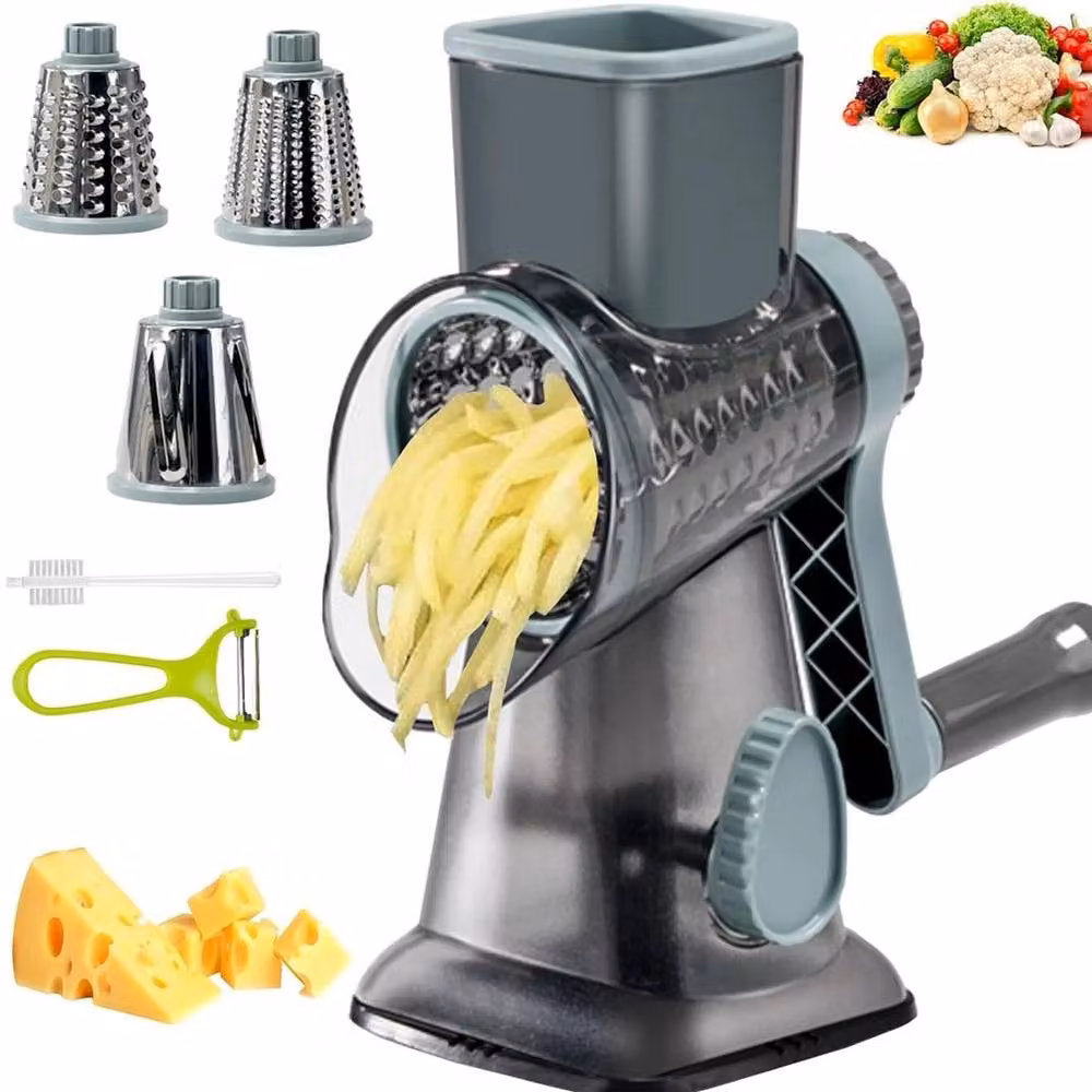 KORVIXA 3 in 1 Rotary Cheese Grater and Shredder with Multiple Blades in Blue and Grey – 3