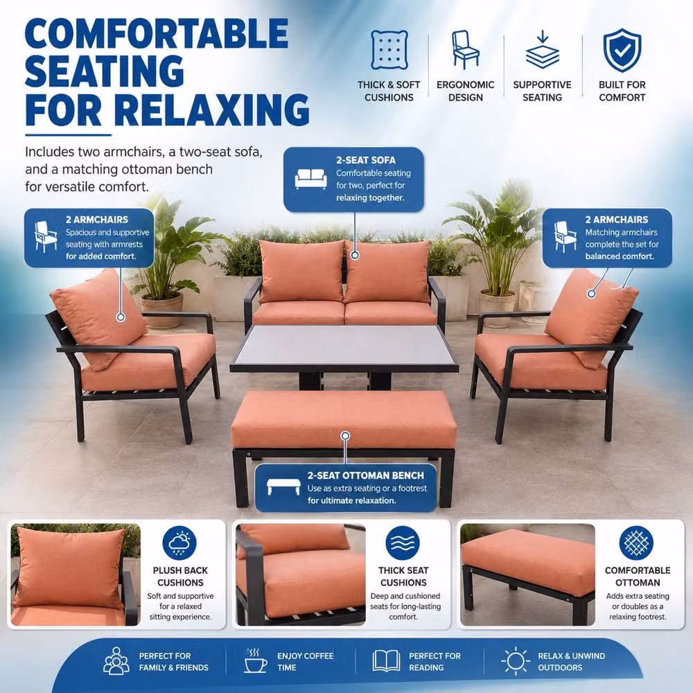 Shatchi 4 Seater Aluminium Garden Sofa Set with Gas Lift Table and Terracotta Cushions – 6
