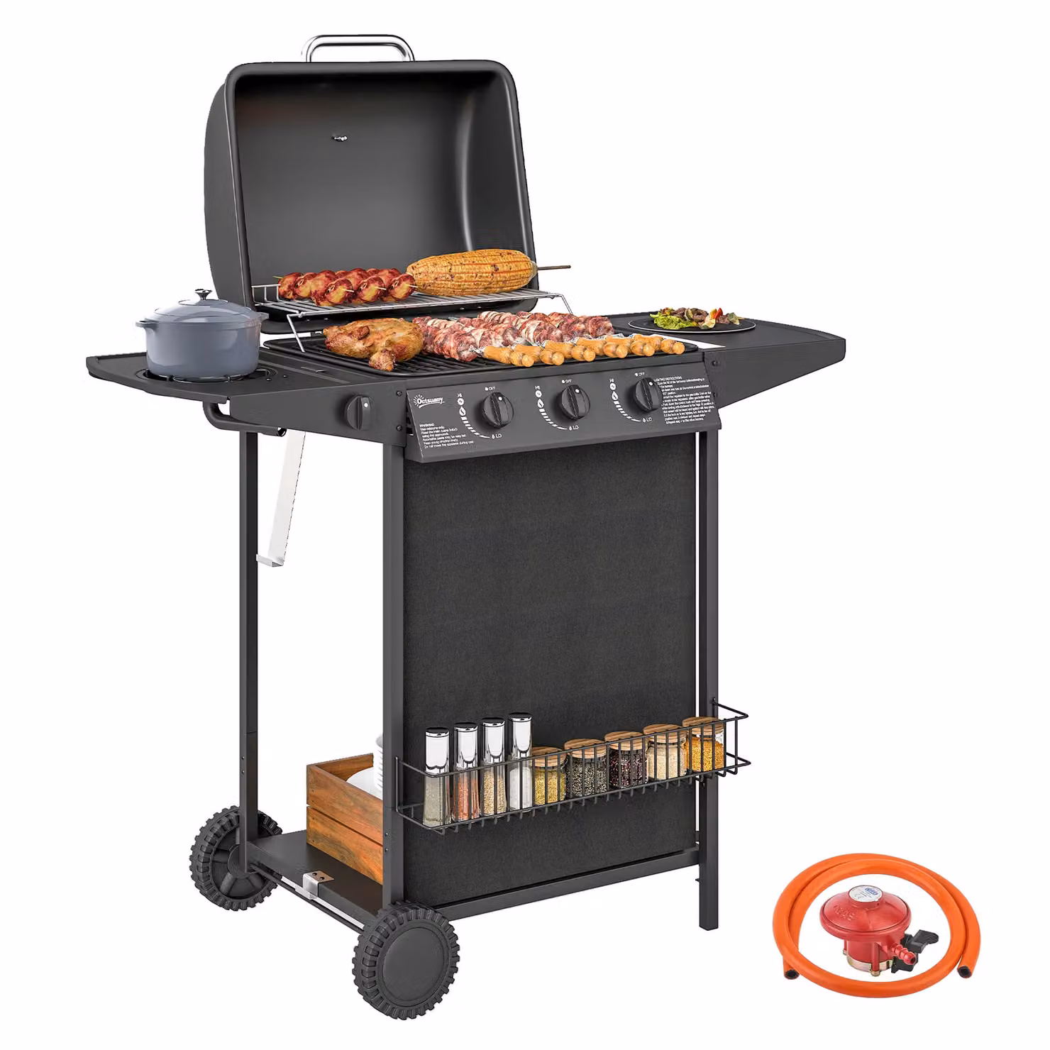 OUTSUNNY 4 Burner Portable Gas Barbecue Grill with Lid, Side Burner, Warming Rack and Thermometer, Black – 2