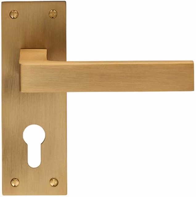 Loops Pair of Straight Square Handle on Euro Lock Backplate in Antique Brass, W: 15 cm, H: 5 cm