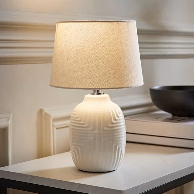 Harrison Small Geo Ribbed Gloss Ceramic Table Lamp with Tapered Shade and LED Bulb in White