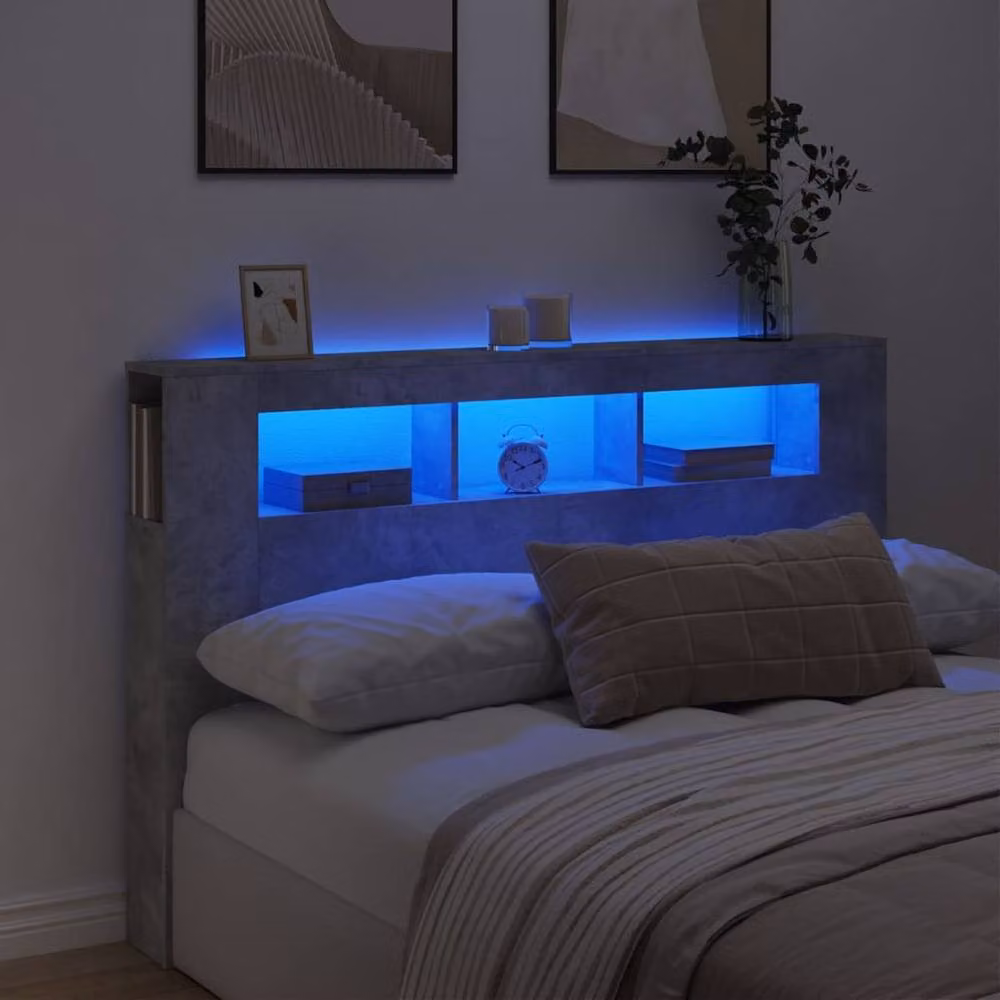 Berkfield Home LED Headboard in Concrete Grey with Integrated Lighting and Bedside Shelf, W/D/H: 160 x 18.5 x 103.5 cm – 2