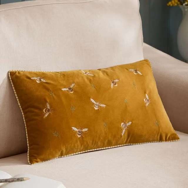 Wylder Rectangular Velvet Embroidered Animal Cushion in Orange and Yellow, W/H: 50 x 30 cm