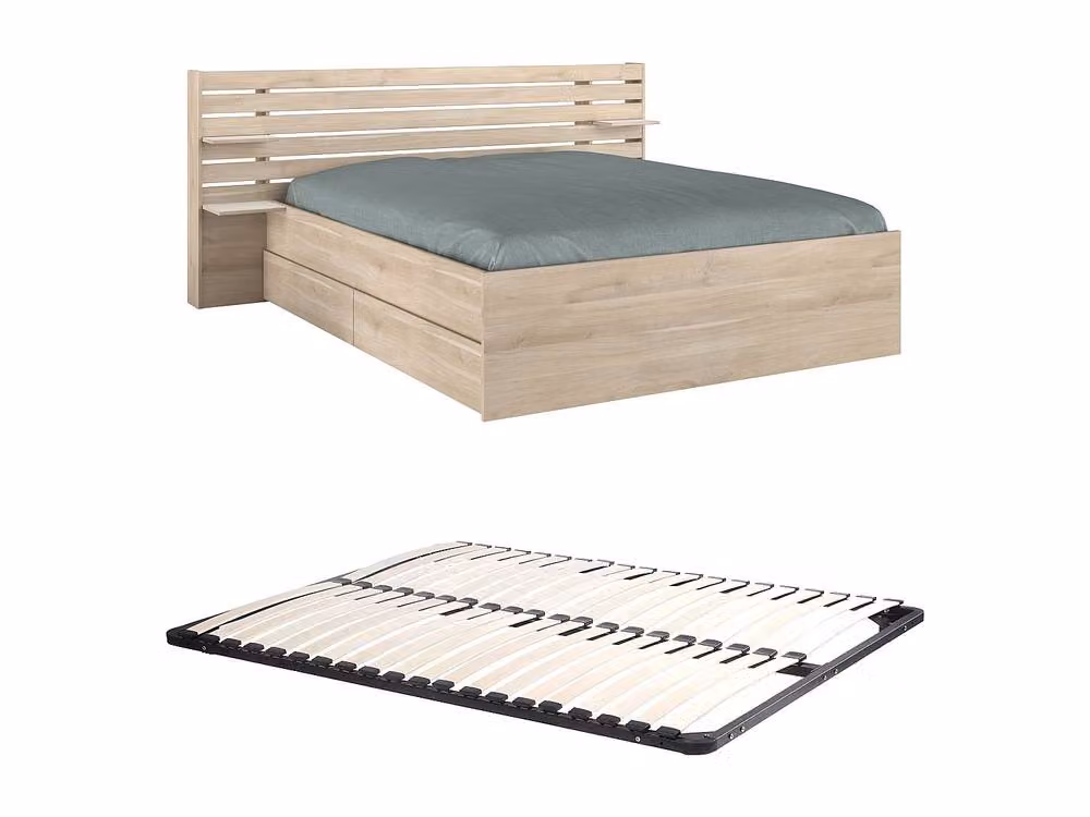 Vente-unique Tenalia Double Bed with Storage and Bed Base in Natural Light Oak, W/D/H: 160 x 200 x 216.8 cm – 2
