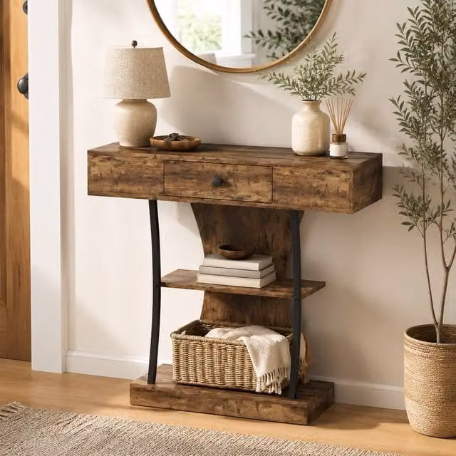 STILVORA Industrial Console Table with Drawer and Shelves in Dark Brown and Black – 1