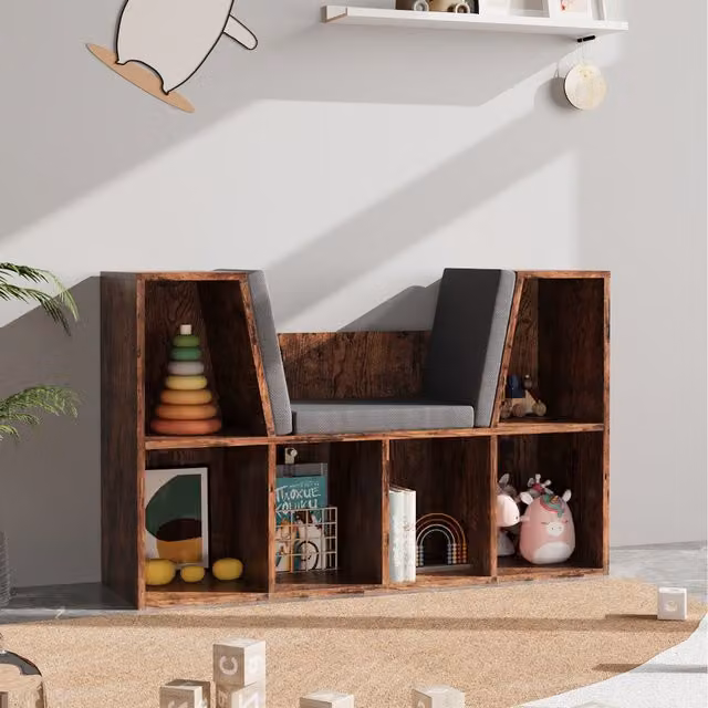 Livingandhome Brown Wooden Kids Bookcase with Reading Seat