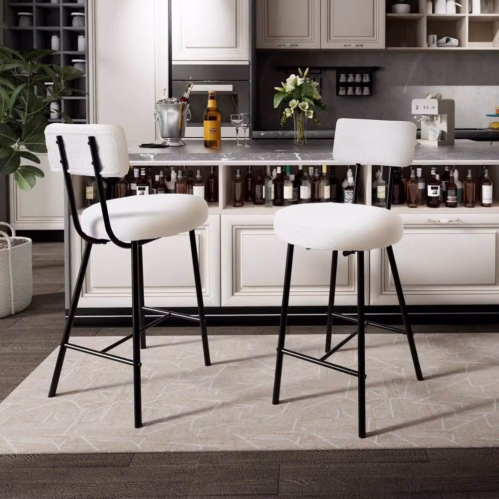 London Boutique Set of 2 Modern Counter Height Bar Stools in Off-White Bouclé Fabric – 3