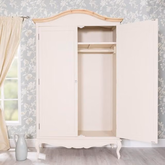 Juliette French Double Wardrobe with Crystal Handles in Champagne Cream, H: 217 cm, W: 131 cm, D: 60 cm