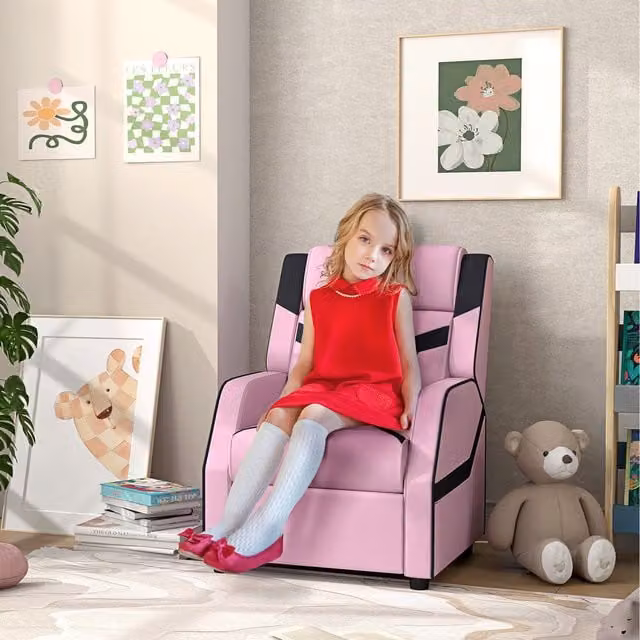 AIYAPLAY 2 in 1 Kids Armchair Recliner in Pink PU Leather for Ages 3-9 Years