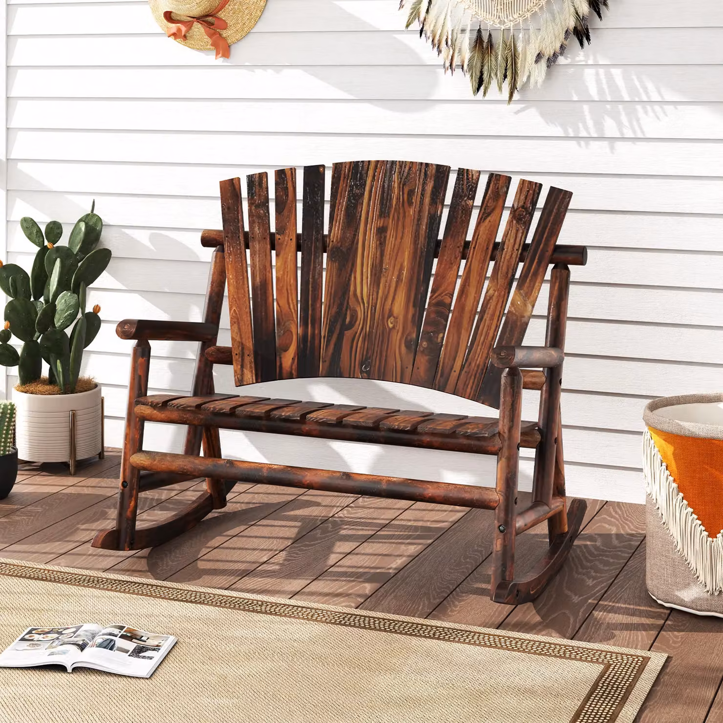 Costway 2-Person Adirondack Rocking Chair Loveseat in Brown Solid Wood for Garden, Balcony or Terrace – 9