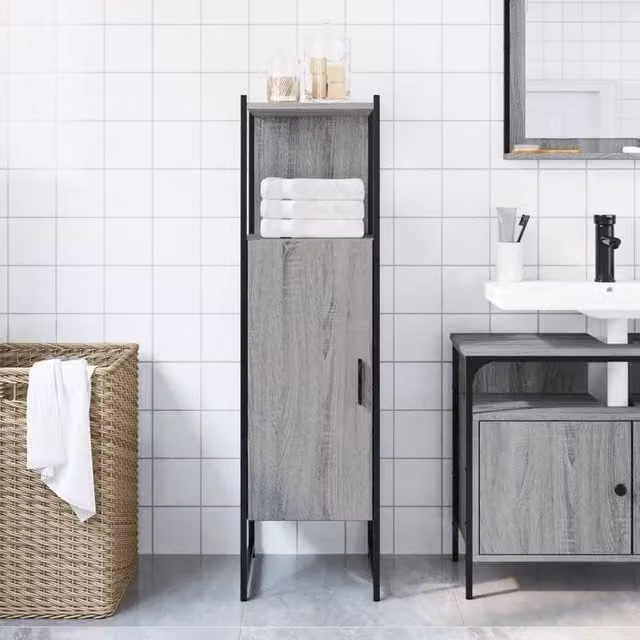 Berkfield Home Sturdy Grey Bathroom Cabinet with Hinged Doors and Internal Shelves, W/D/H: 33 x 33 x 120.5 cm