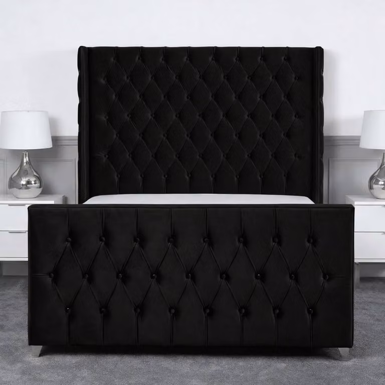 Living Comfort Bedz Seraphina King Size Plush Velvet Upholstered Bed with Slatted Base in Black, W/D/H: 180 x 200 cm