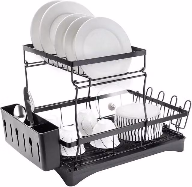 Kelvenix Black Two-layer Metal Dish Rack Storage Rack, W/D/H: 49 x 34 x 30 cm