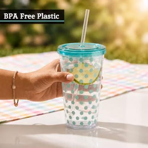 Orsina Dotted Double Walled Plastic Tumbler with Lid, Green, 450ml – 3