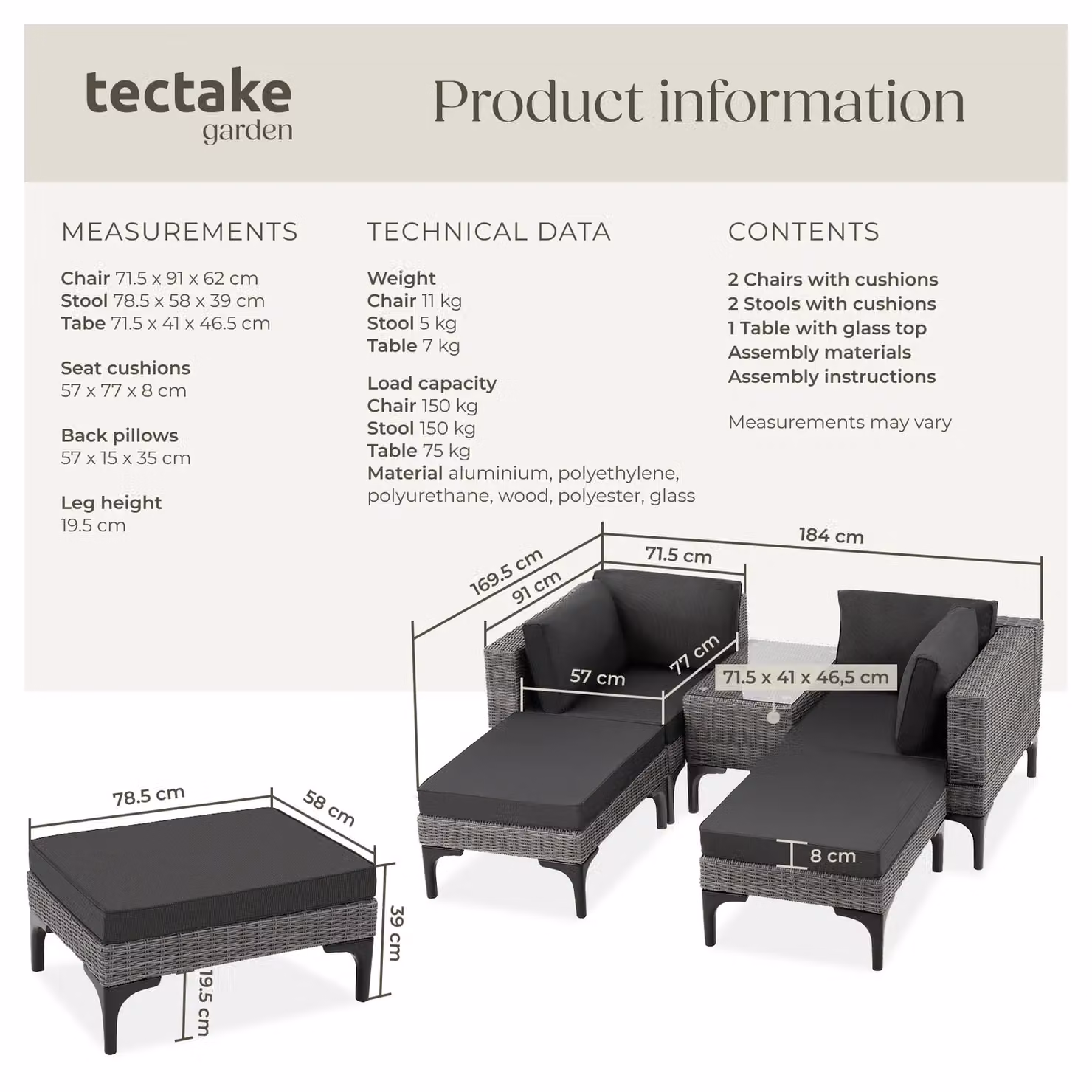 tectake Bellaria Rattan Lounge Set with Powder Coated Aluminium Frame and Ottoman in Grey for 4 People – 6