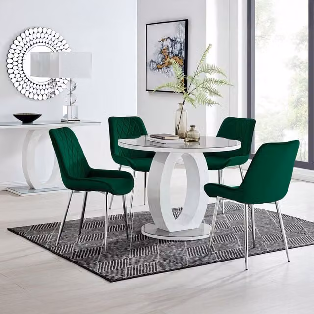 FurnitureboxUK Giovani Round Grey Glass Dining Table with 4 Green Pesaro Silver Leg Chairs, Diameter: 120 cm