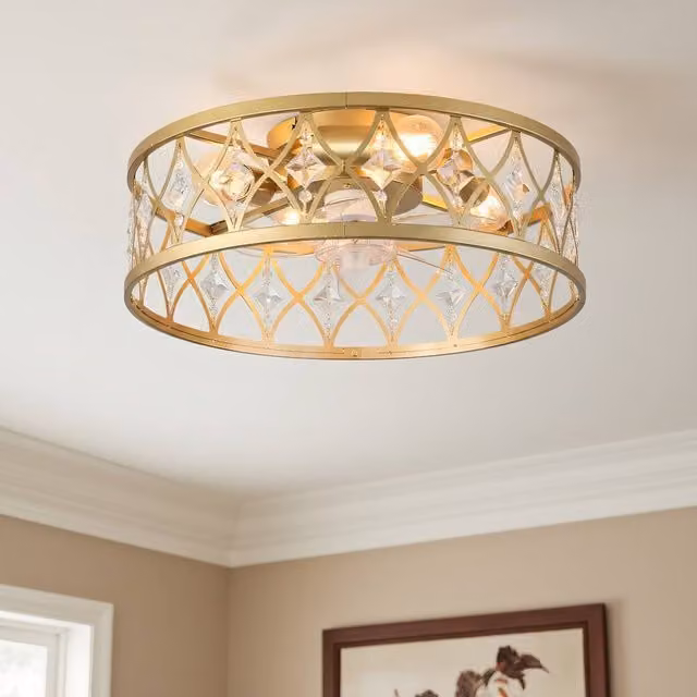 NIVOR 4 Light Gold Crystal Caged Ceiling Fan with Remote and App Control, Reversible E27