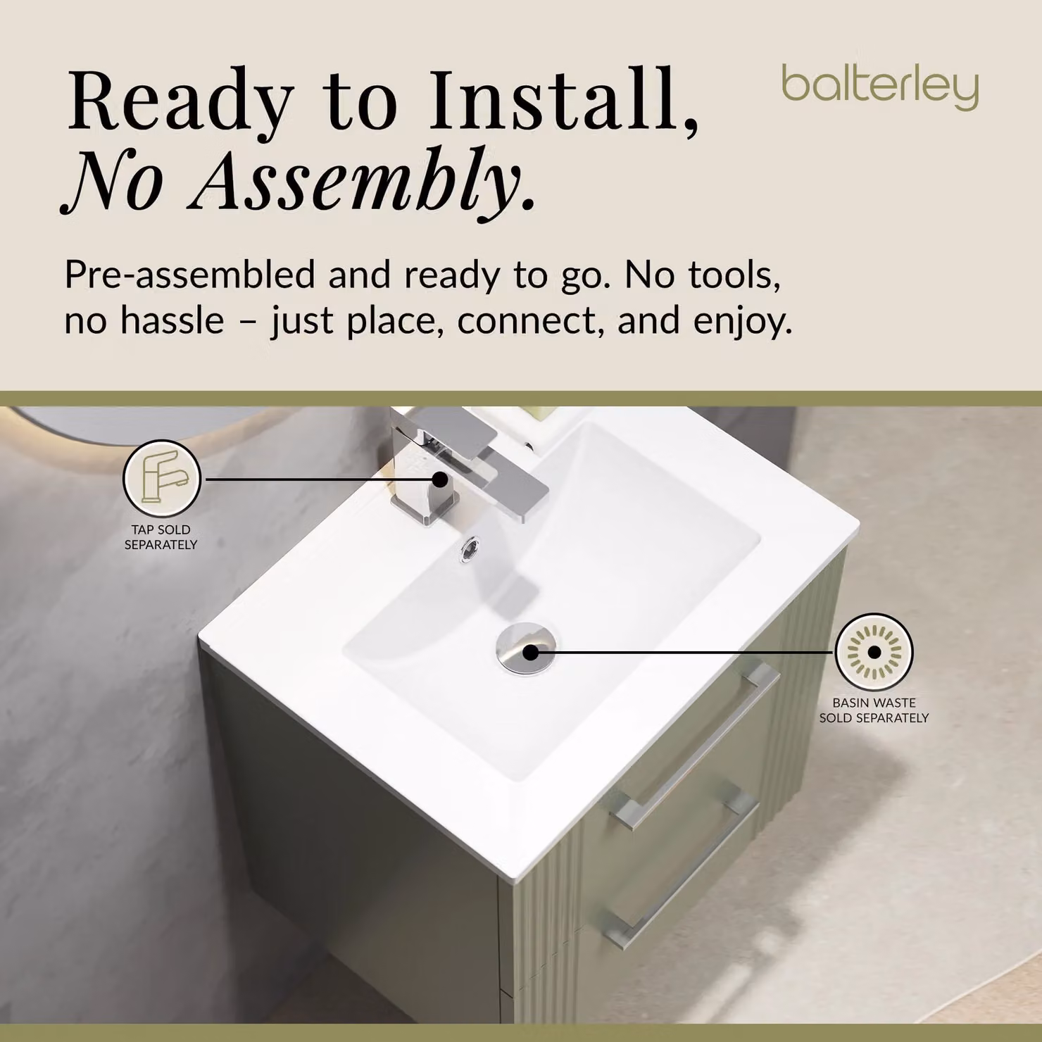 Balterley Wall Hung 2 Drawer Vanity Unit with Minimalist Basin, Satin Green – 4