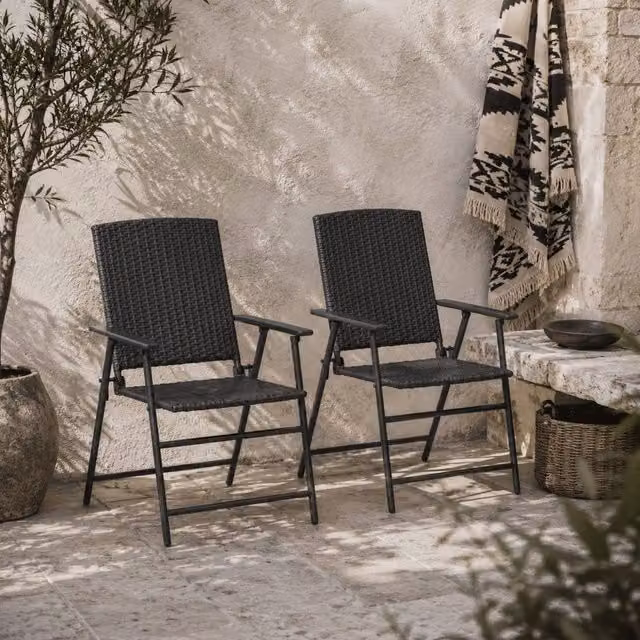Wyld Haus Luvaka Nene Black Rattan Style Folding Garden Chairs, Set of 2